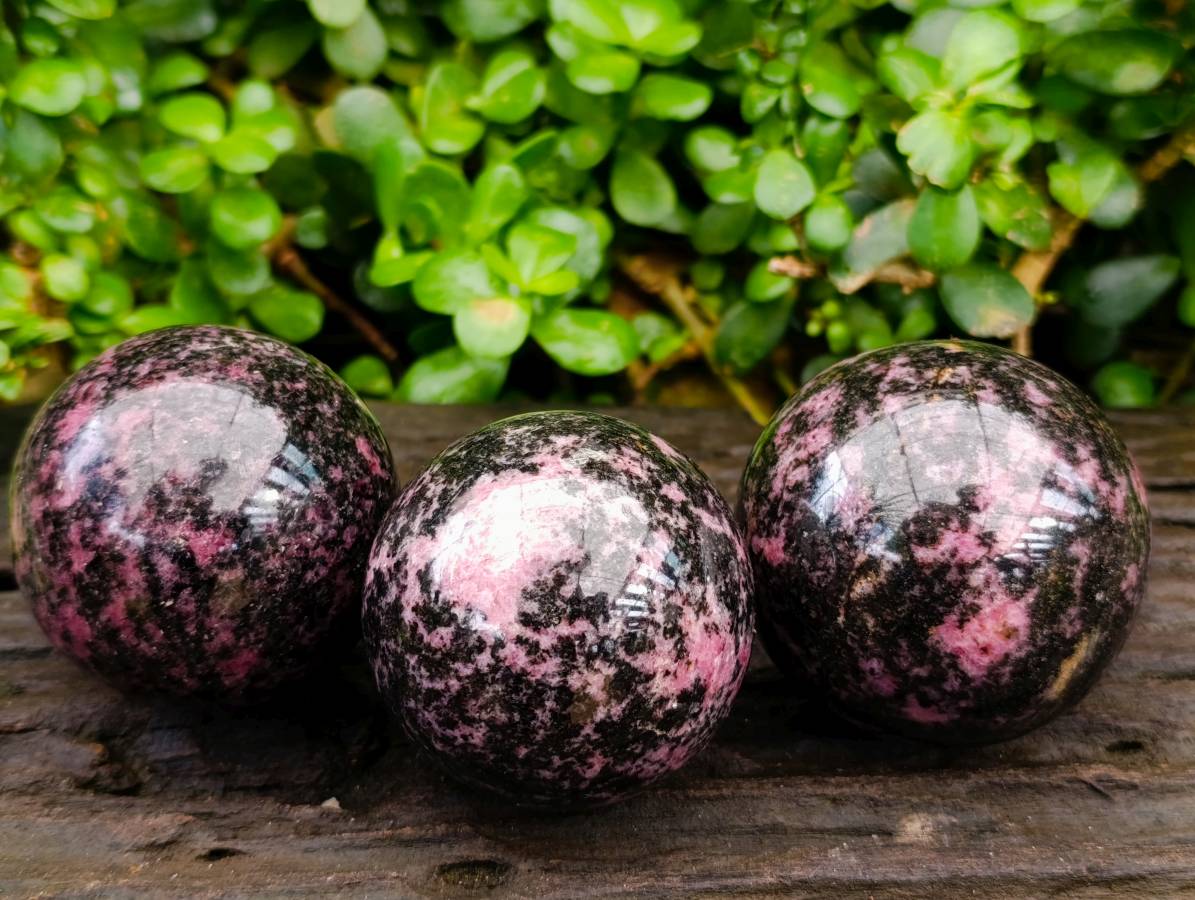 Polished Rhodonite Spheres x 3 From Ambindavato, Madagascar - Toprock Gemstones and Minerals 
