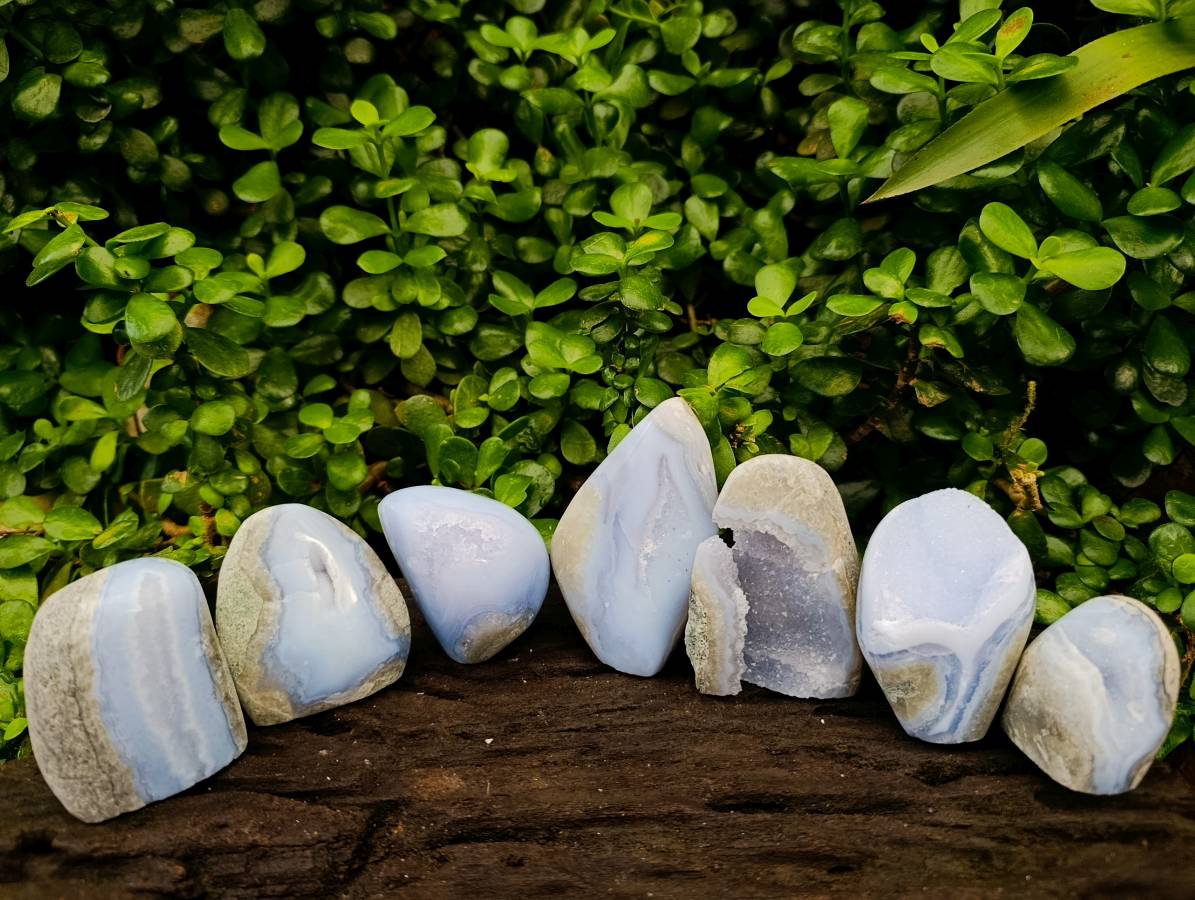 Polished Blue Lace Agate Standing Free Forms x 7 From Nsanje, Malawi - Toprock Gemstones and Minerals 