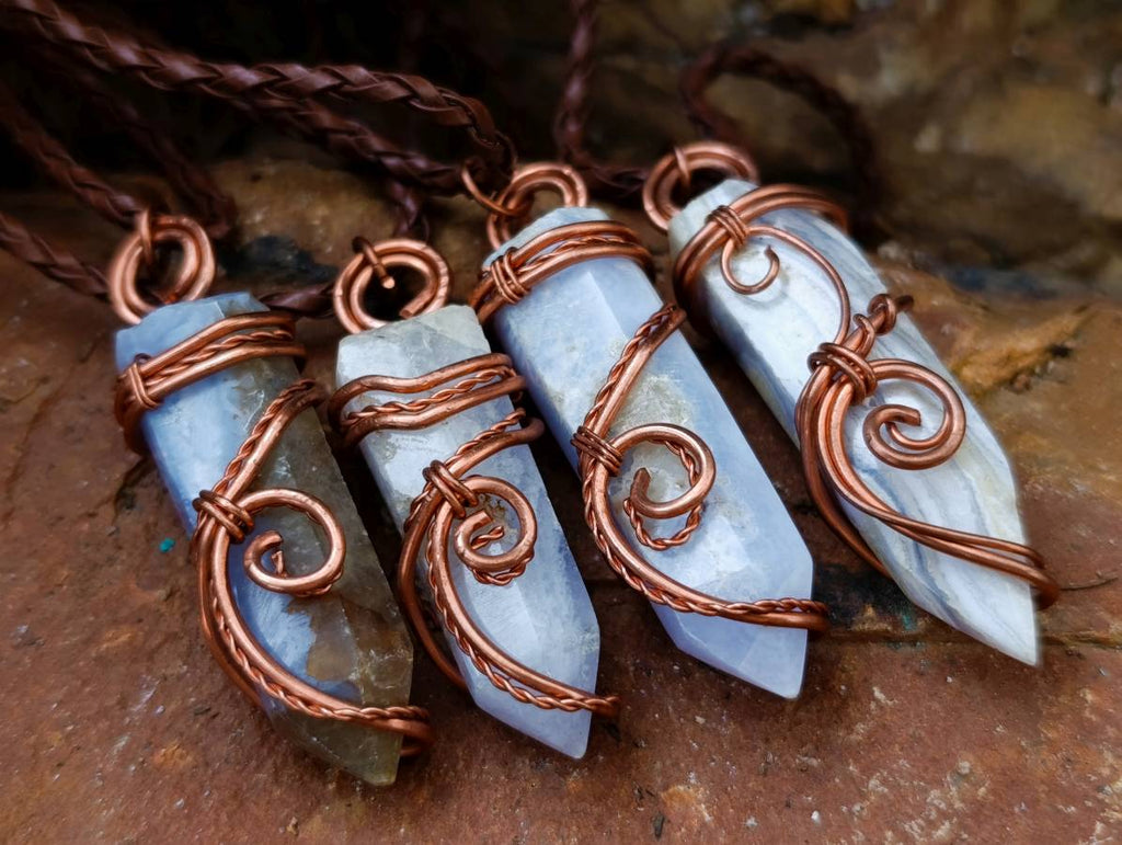 Hand Made Blue Lace Agate Copper Wire Wrapped Stone Pendants -Sold Per Item- From South Africa - Toprock Gemstones and Minerals 