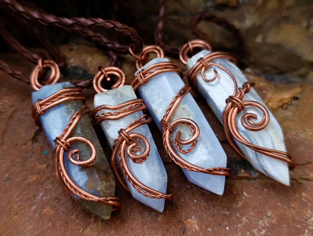 Hand Made Blue Lace Agate Copper Wire Wrapped Stone Pendants -Sold Per Item- From South Africa - Toprock Gemstones and Minerals 