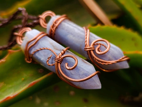 Hand Made Blue Lace Agate Copper Wire Wrapped Stone Pendants -Sold Per Item- From South Africa