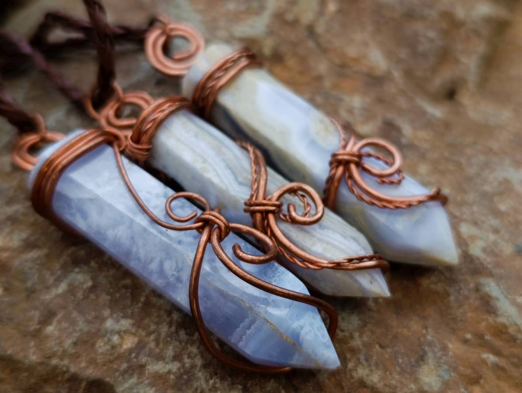 Hand Made Blue Lace Agate Copper Wire Wrapped Stone Pendants -Sold Per Item- From South Africa - Toprock Gemstones and Minerals 