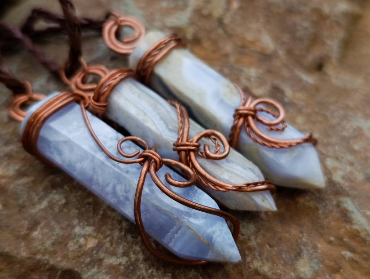 Hand Made Blue Lace Agate Copper Wire Wrapped Stone Pendants -Sold Per Item- From South Africa - Toprock Gemstones and Minerals 