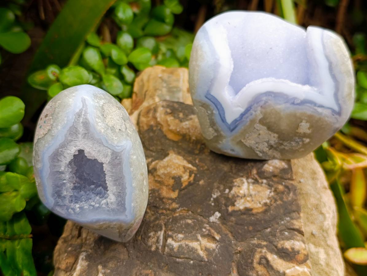 Polished Blue Lace Agate Standing Free Forms x 3 From Nsanje, Malawi - Toprock Gemstones and Minerals 
