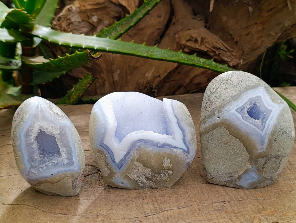 Polished Blue Lace Agate Standing Free Forms x 3 From Nsanje, Malawi - Toprock Gemstones and Minerals 