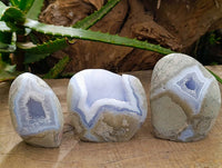 Polished Blue Lace Agate Standing Free Forms x 3 From Nsanje, Malawi