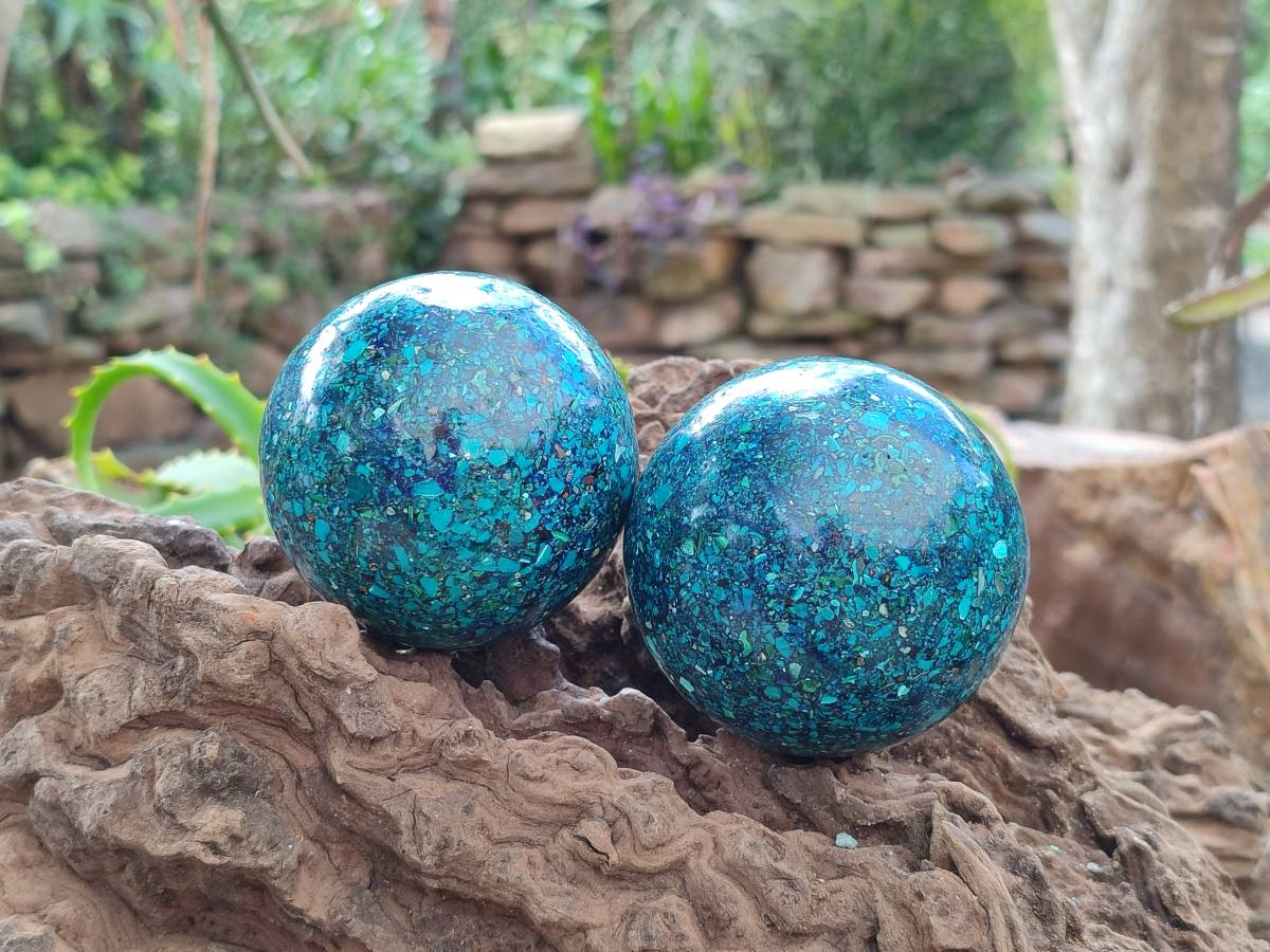 Hand Made Conglomerate Chrysocolla With Azurite And Malachite Sphere x 2 From Congo - Toprock Gemstones and Minerals 