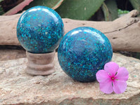 Hand Made Conglomerate Chrysocolla With Azurite And Malachite Sphere x 2 From Congo