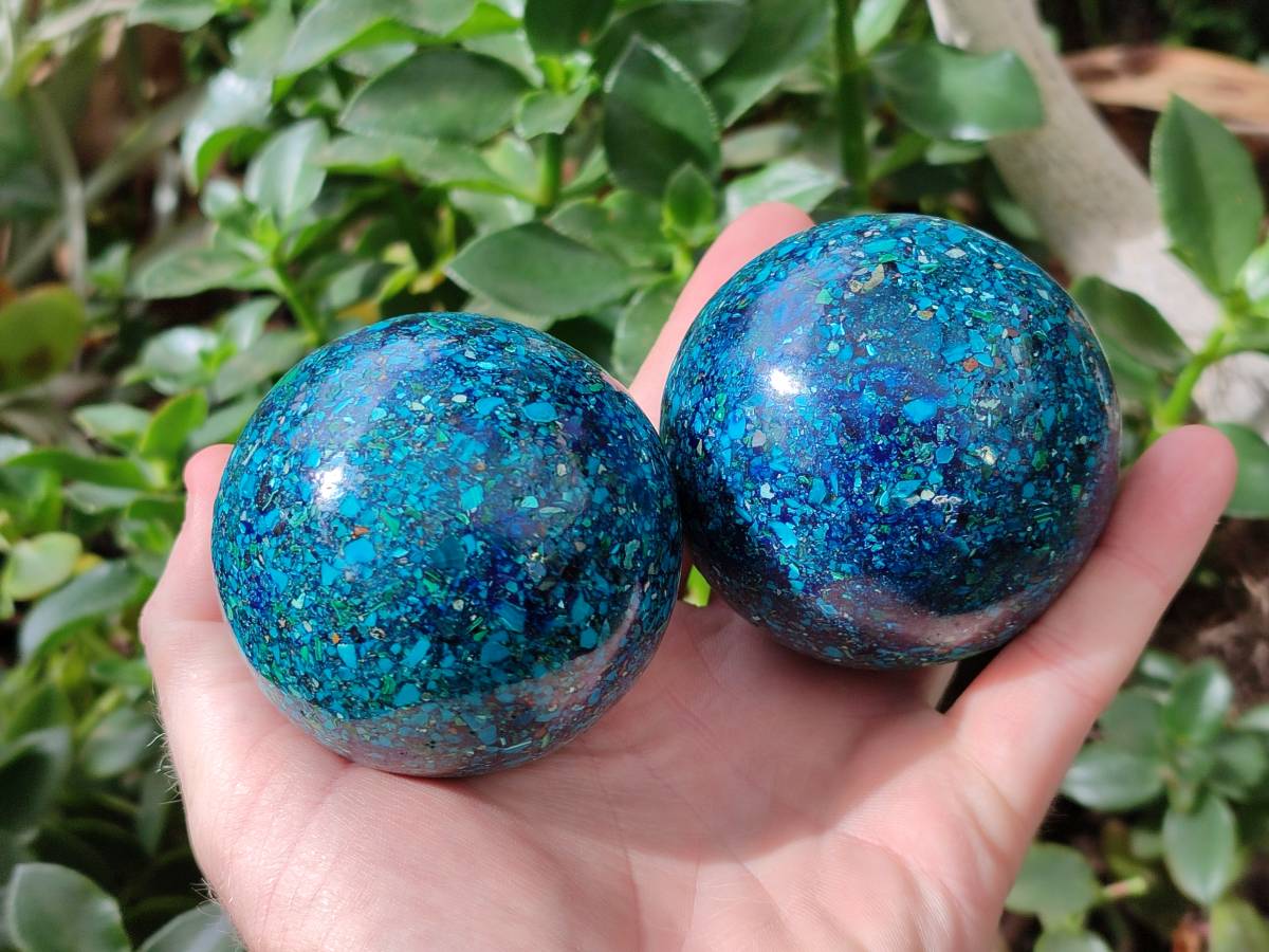 Hand Made Conglomerate Chrysocolla With Azurite And Malachite Sphere x 2 From Congo - Toprock Gemstones and Minerals 