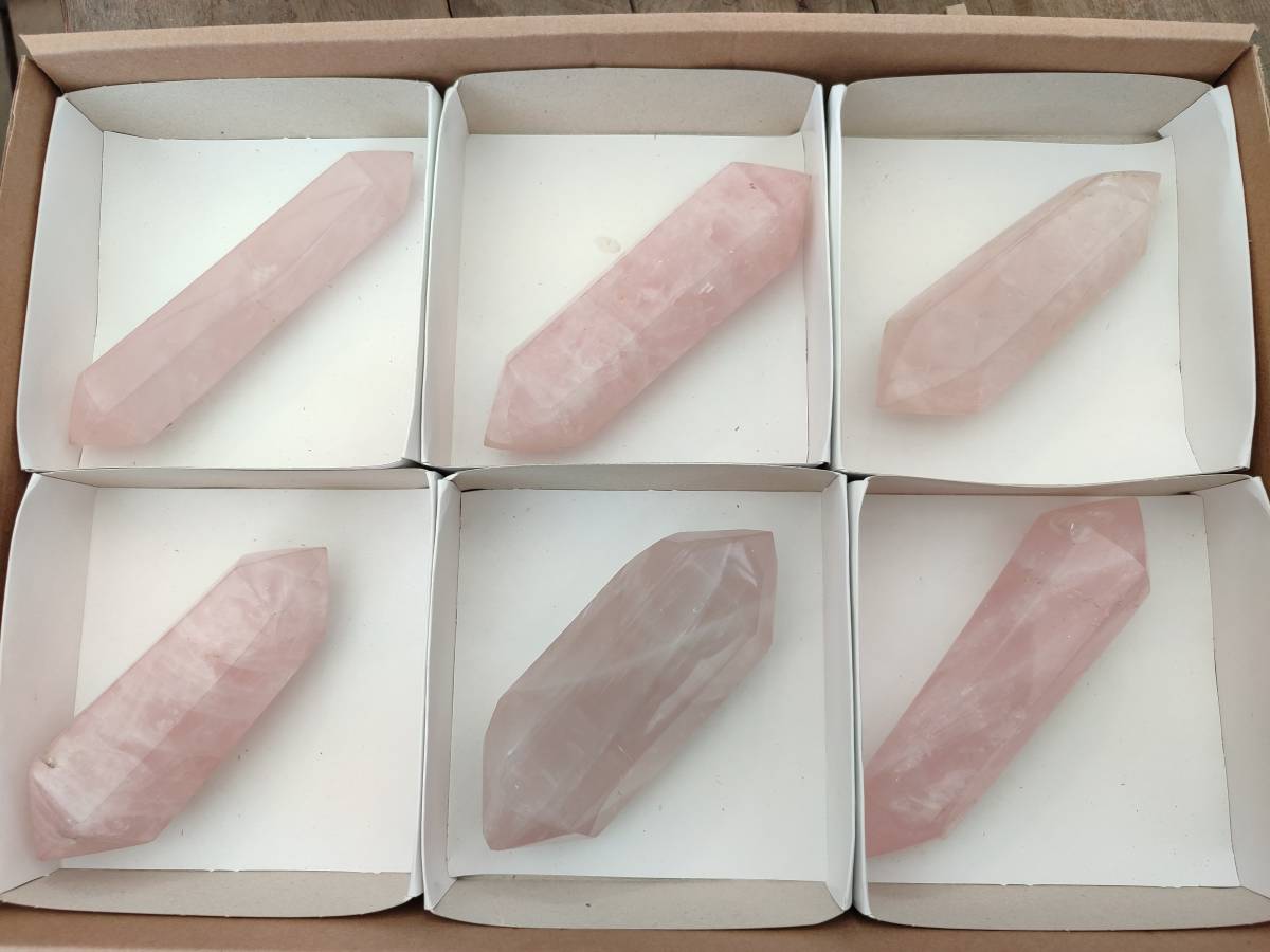 Polished Double Terminated Rose Quartz Crystals x 6 From Madagascar - Toprock Gemstones and Minerals 