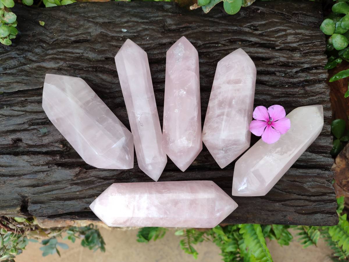 Polished Double Terminated Rose Quartz Crystals x 6 From Madagascar - Toprock Gemstones and Minerals 