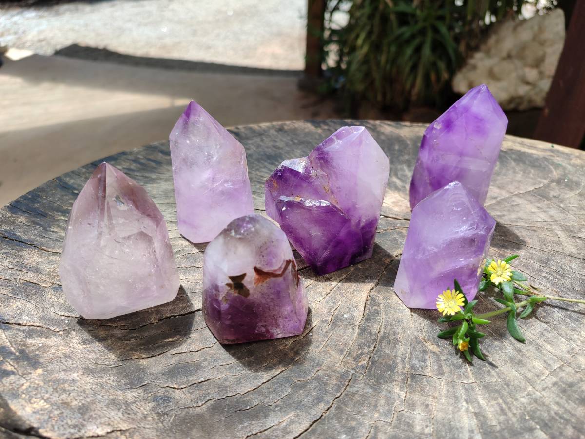 Polished Window Amethyst Crystals x 6 From Akansobe, Madagascar - Toprock Gemstones and Minerals 