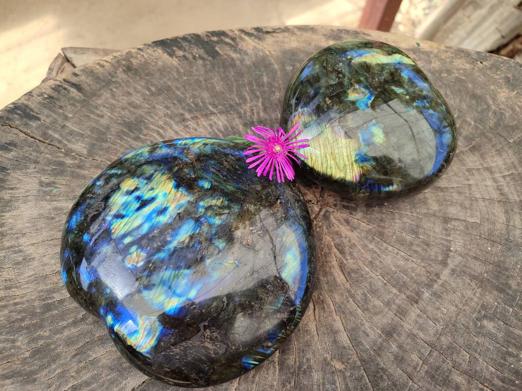 Polished Labradorite Hearts x 2 From Tulear, Madagascar - Toprock Gemstones and Minerals 