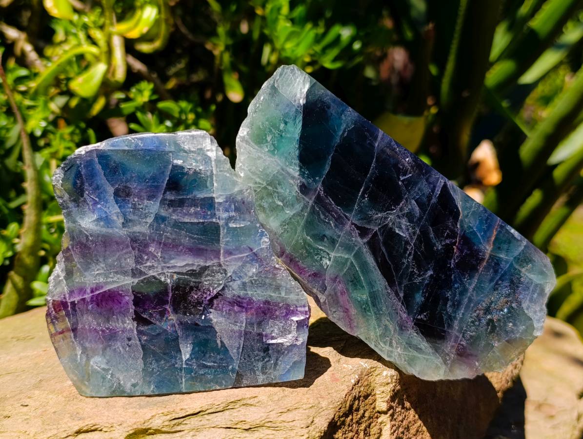 Polished On One Side Watermelon Fluorite Slices x 3 From Uis, Namibia - Toprock Gemstones and Minerals 