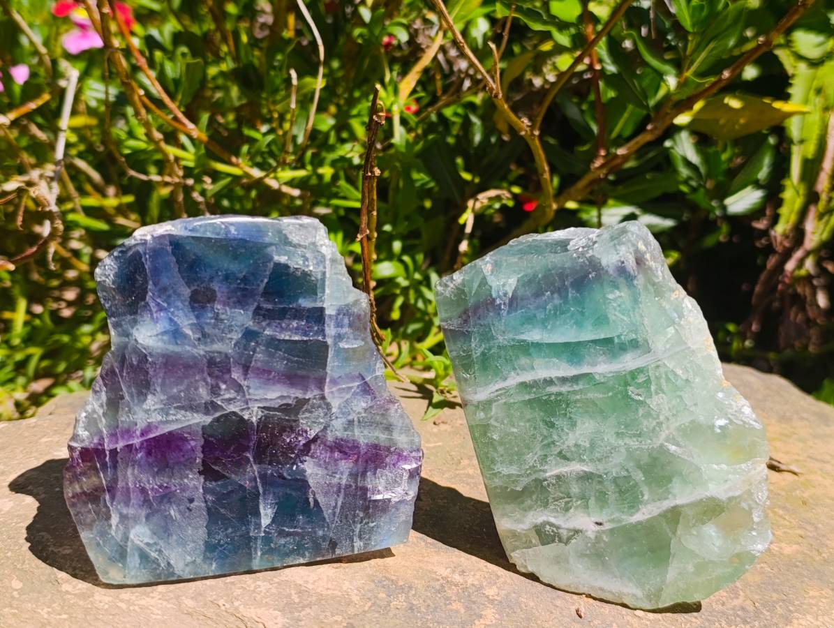 Polished On One Side Watermelon Fluorite Slices x 3 From Uis, Namibia - Toprock Gemstones and Minerals 