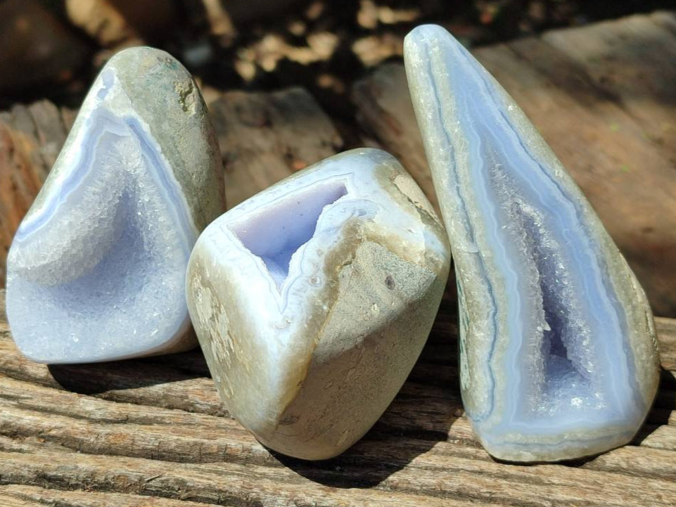Polished Blue Lace Agate Standing Free Forms x 3 From Nsanje, Malawi