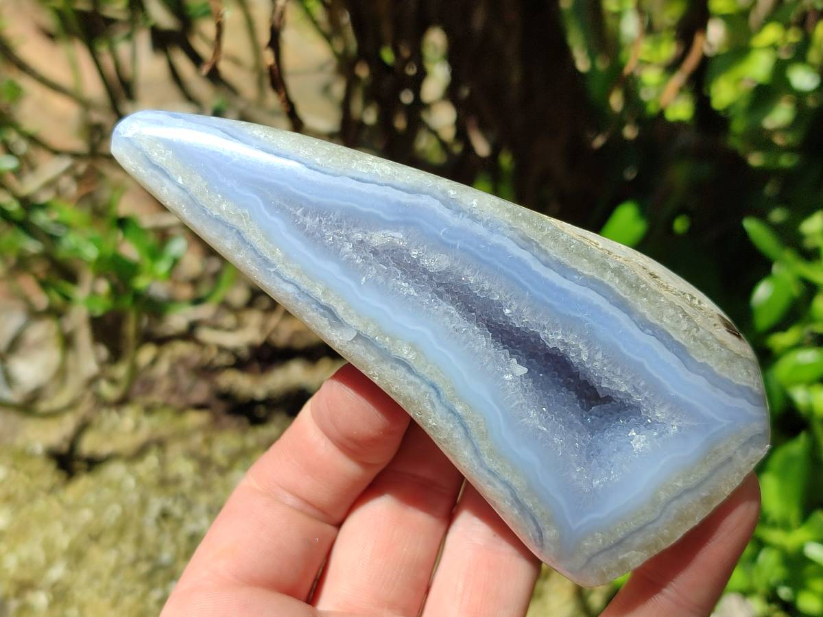 Polished Blue Lace Agate Standing Free Forms x 3 From Nsanje, Malawi