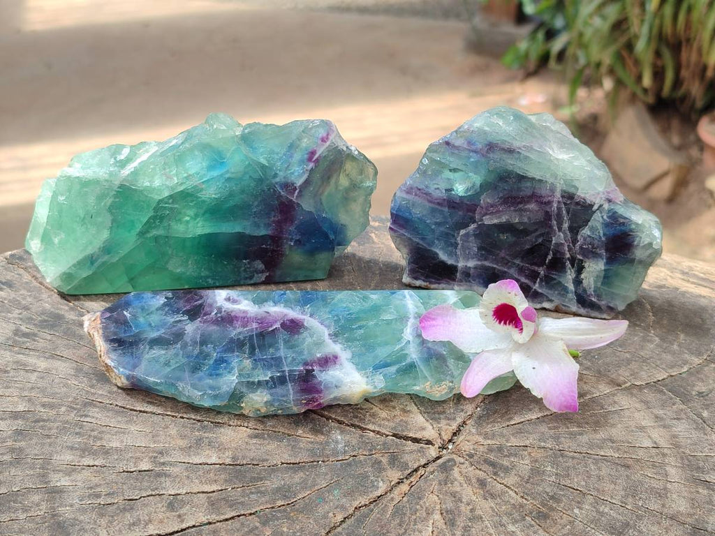 Polished On One Side Watermelon Fluorite Slices x 3 From Uis, Namibia