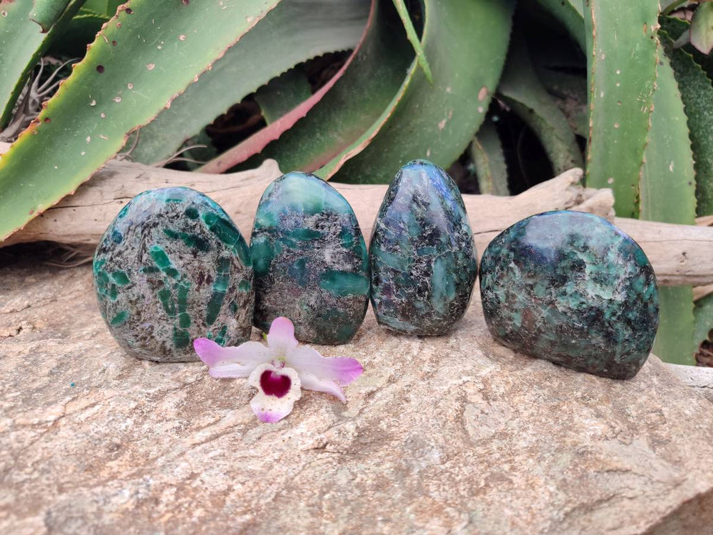 Polished Emerald Mica 'Mutokolite' Standing Free Forms x 4 From Mutoko, Zimbabwe
