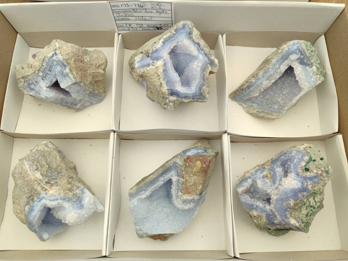 Natural Blue Lace Agate Geode Specimens x 6 From Nsanje, Malawi
