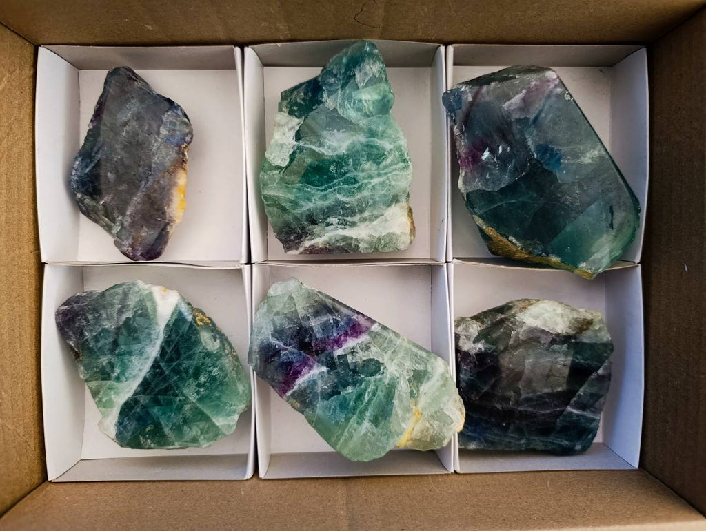 Polished On One Side Watermelon Fluorite Standing Slices x 6 From Uis, Namibia