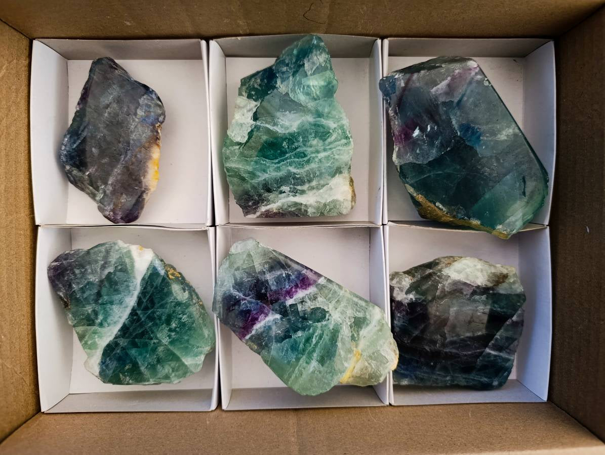 Polished On One Side Watermelon Fluorite Standing Slices x 6 From Uis, Namibia