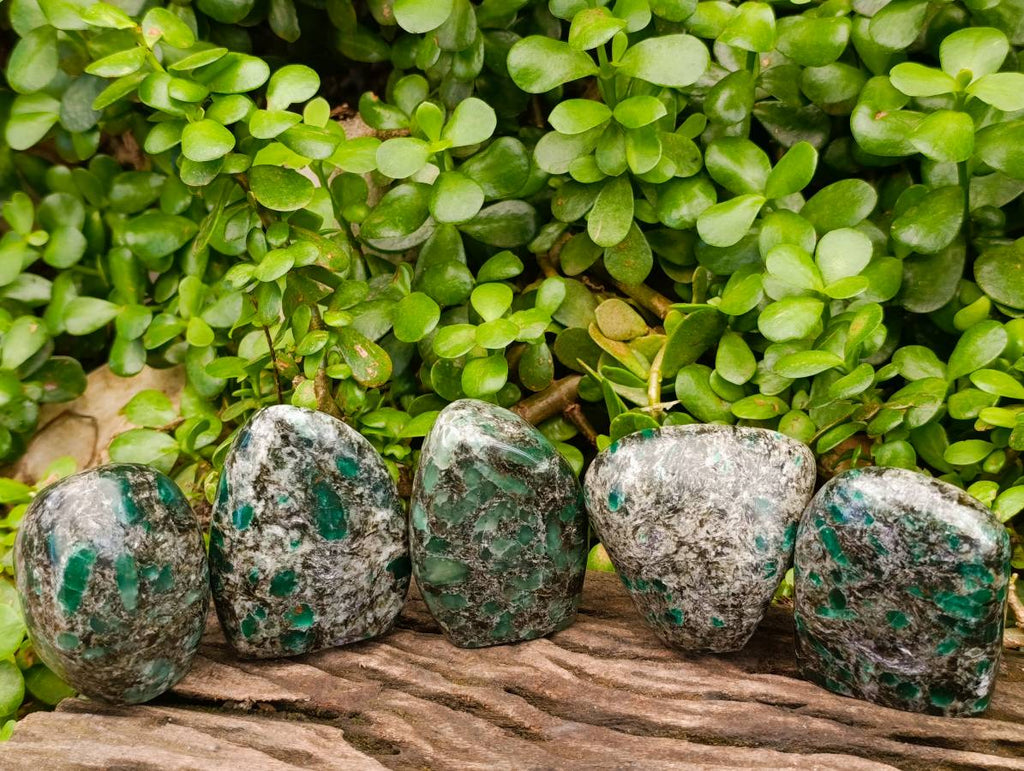 Polished Emerald Mica 'Mutokolite' Standing Free Forms x 5 From Mutoko, Zimbabwe