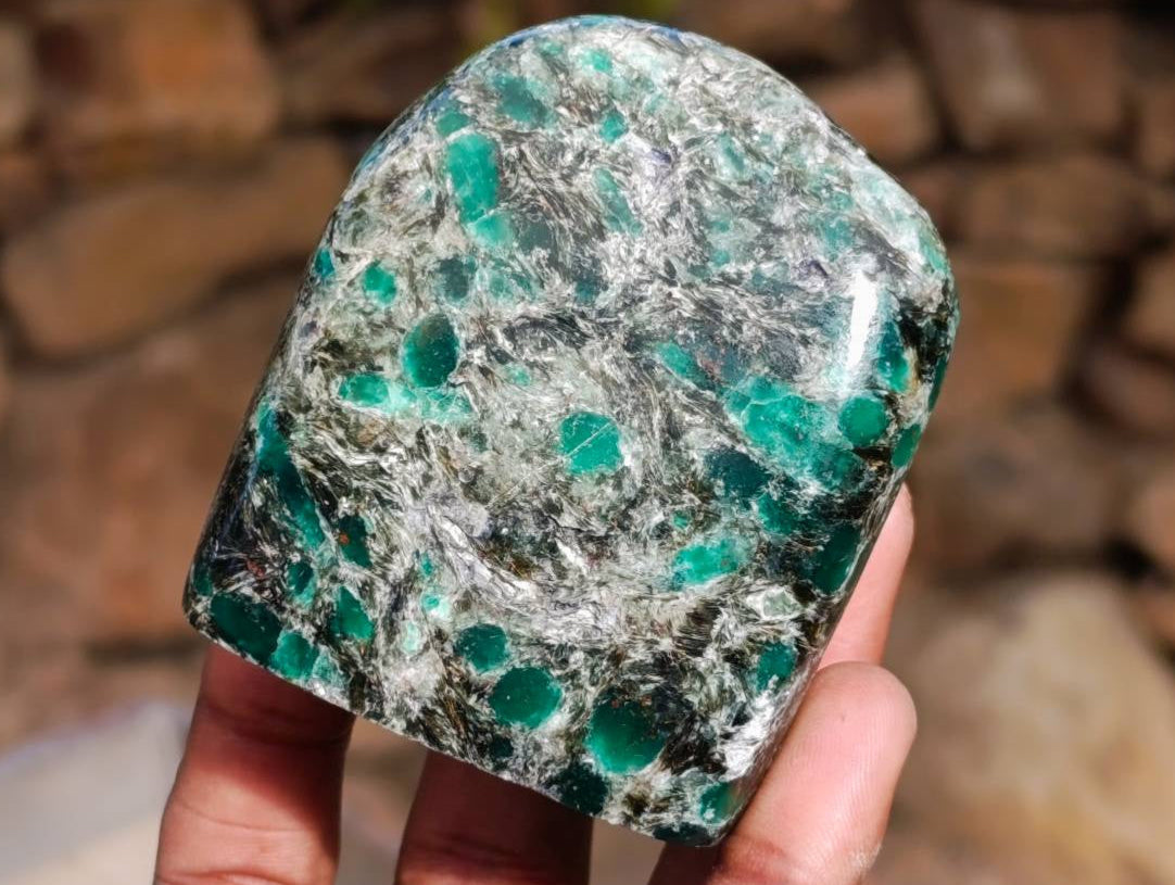 Polished Emerald Mica 'Mutokolite' Standing Free Forms x 5 From Mutoko, Zimbabwe