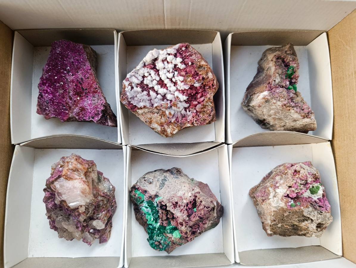 Natural Salrose Cobaltion Dolomite With Malachite And Quartz Specimens x 6 From Kakanda, Congo