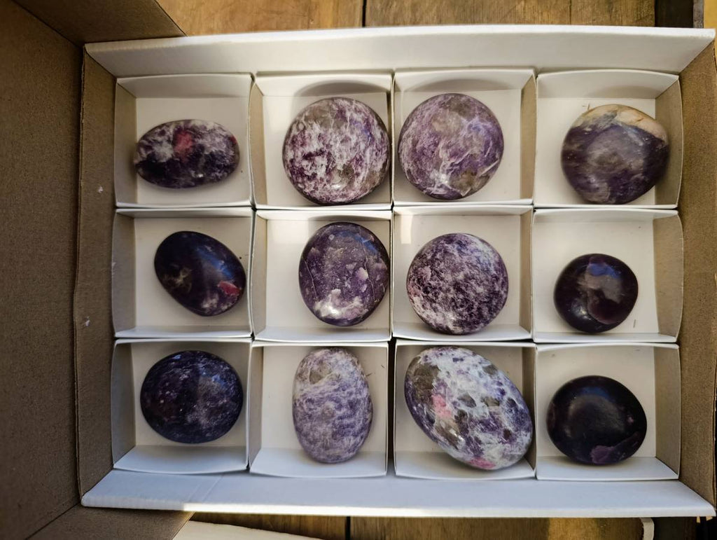 Polished Lepidolite With Pink Rubellite Palm Stones x 12 From Ambatondrazaka, Madagascar