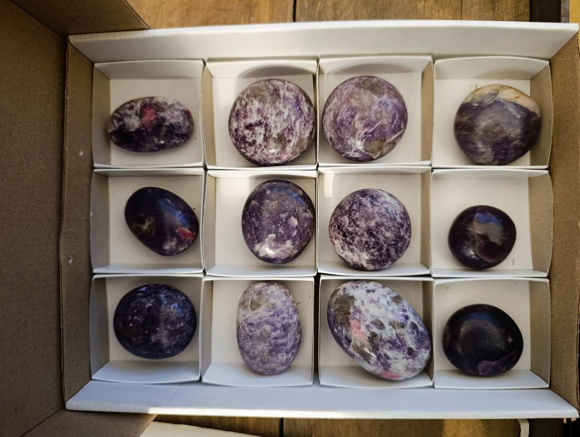 Polished Lepidolite With Pink Rubellite Palm Stones x 12 From Ambatondrazaka, Madagascar