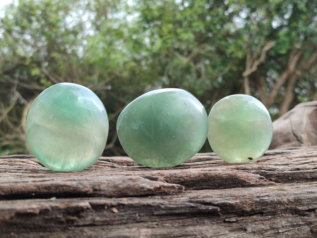 Polished Green Fluorescent Fluorite Galets x 12 From Madagascar