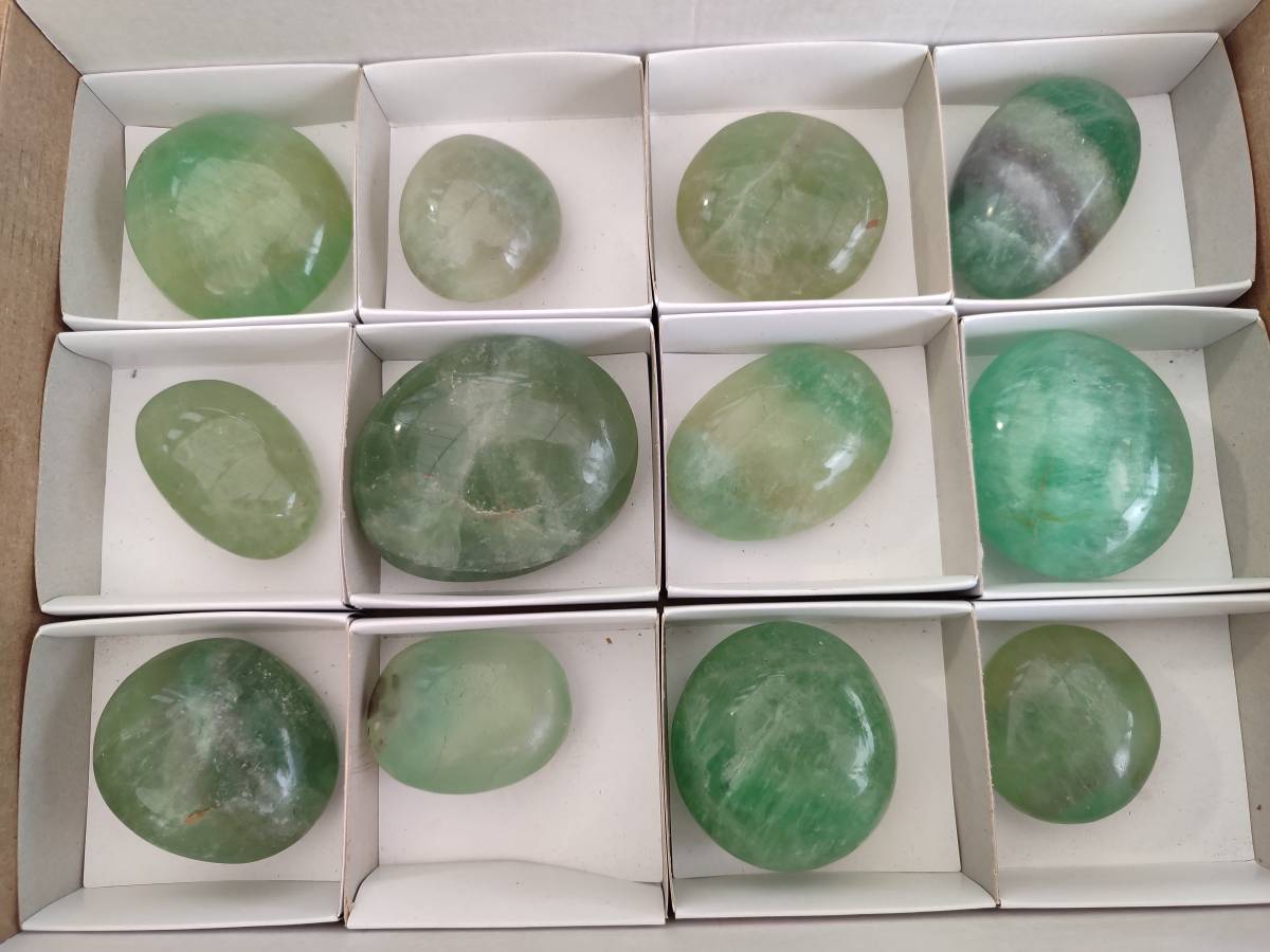 Polished Green Fluorescent Fluorite Galets x 12 From Madagascar