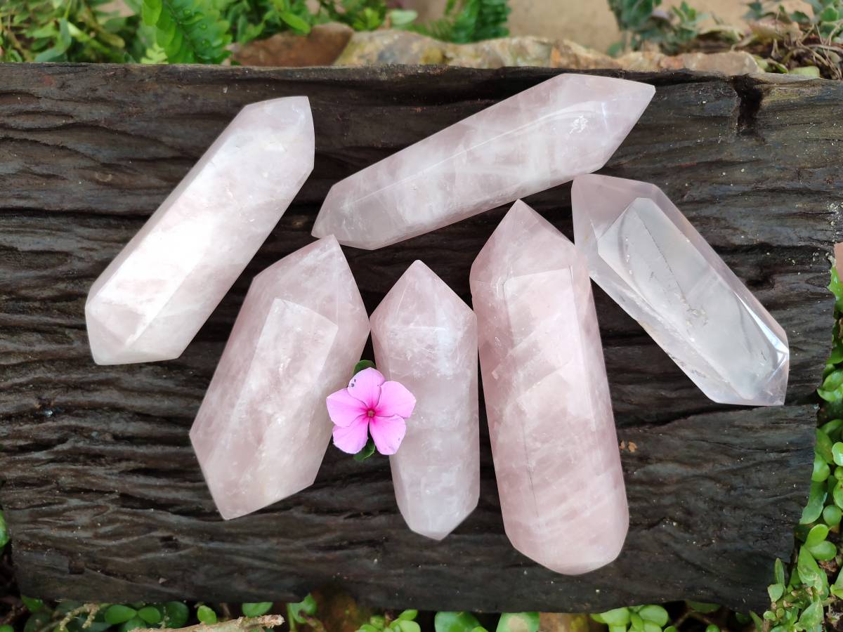 Polished Double Terminated Rose Quartz Crystals x 6 From Madagascar - Toprock Gemstones and Minerals 