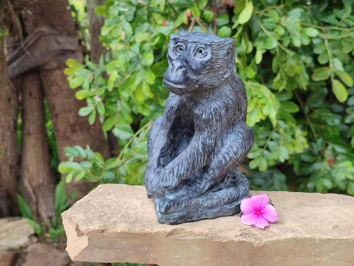 Hand Made Black Soapstone Baboon Carving x 1 From Zimbabwe