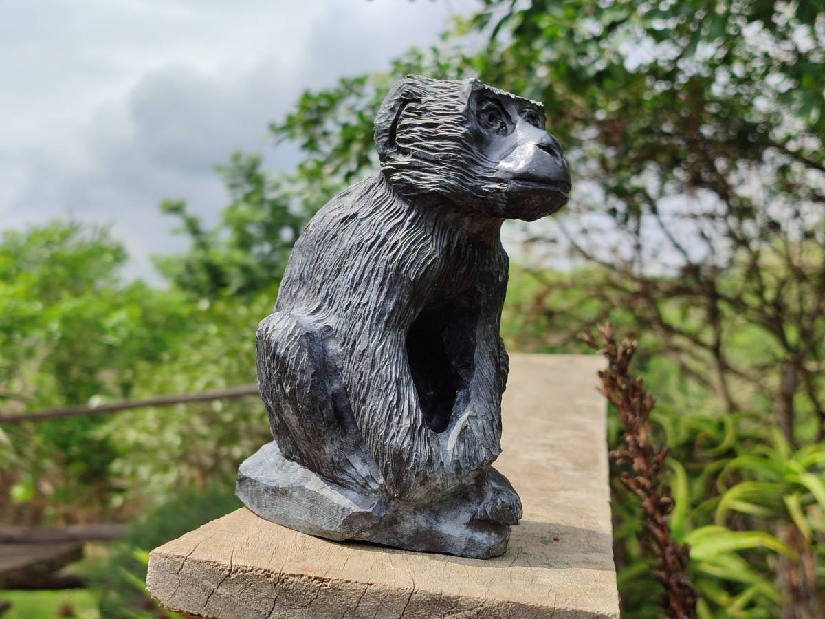 Hand Made Black Soapstone Baboon Carving x 1 From Zimbabwe