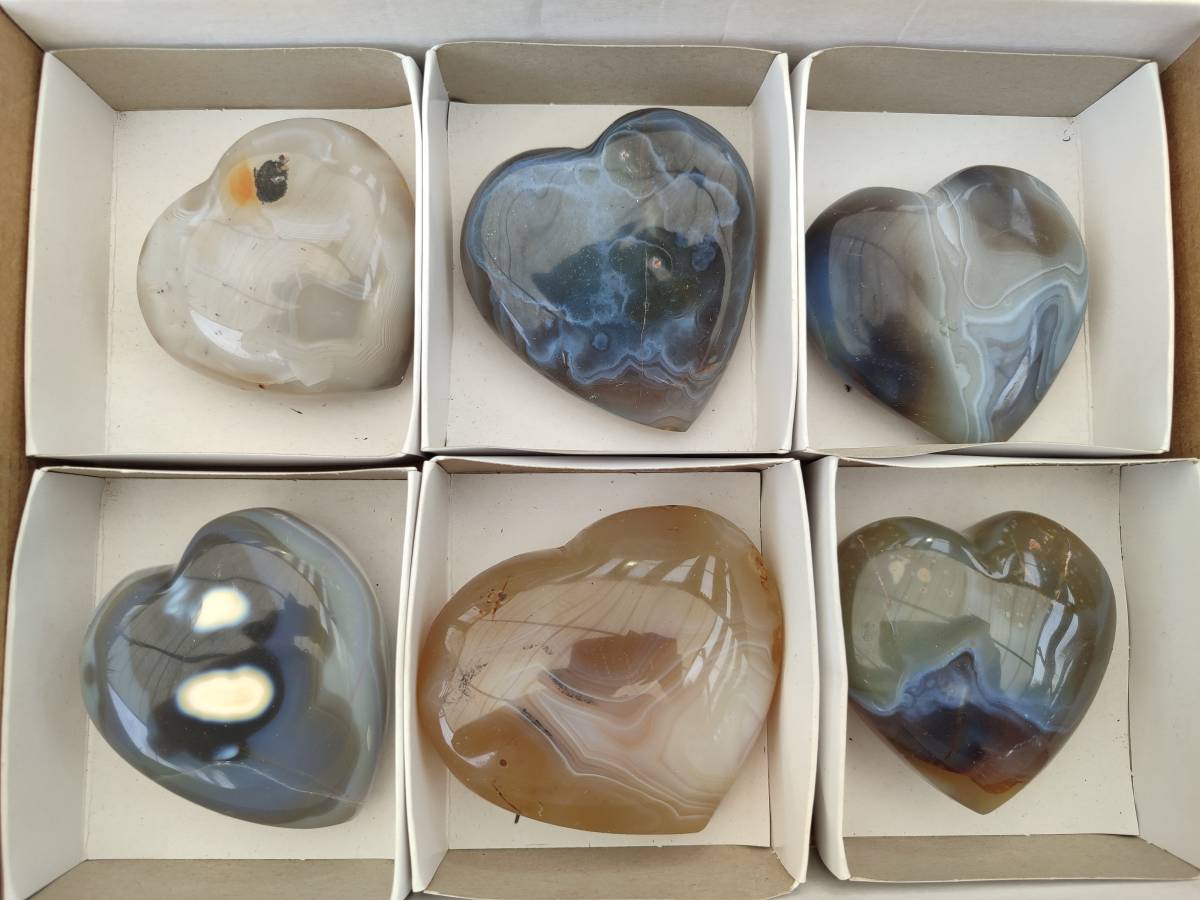Polished Banded Agate Hearts x 6 From Madagascar