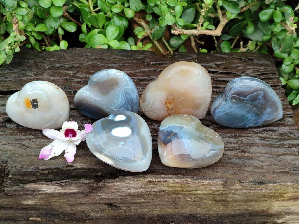 Polished Banded Agate Hearts x 6 From Madagascar