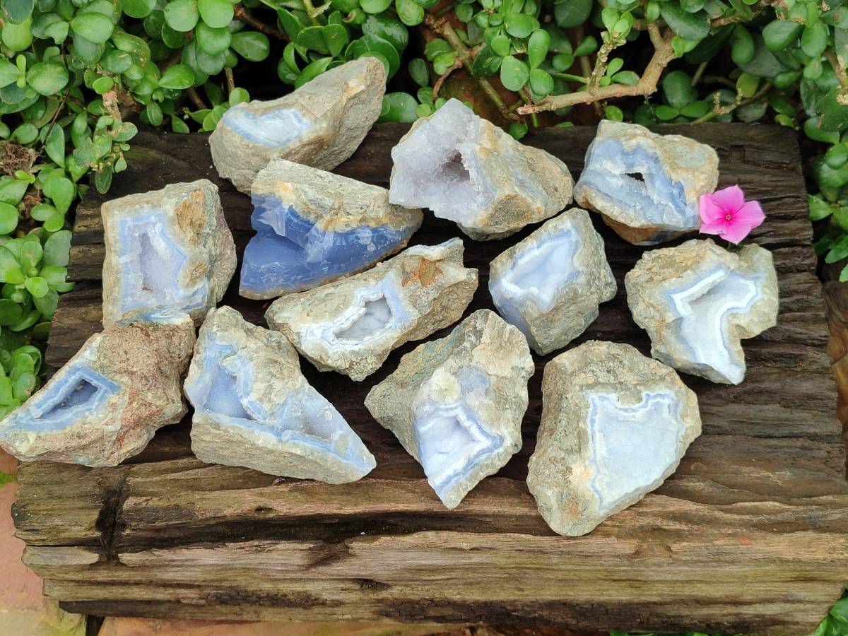 Natural Blue Lace Agate Geode Specimens x 12 From Nsanje, Malawi