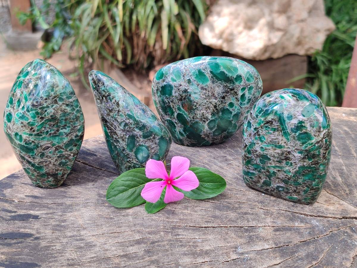 Polished Emerald Mica 'Mutokolite' Standing Free Forms x 4 From Mutoko, Zimbabwe