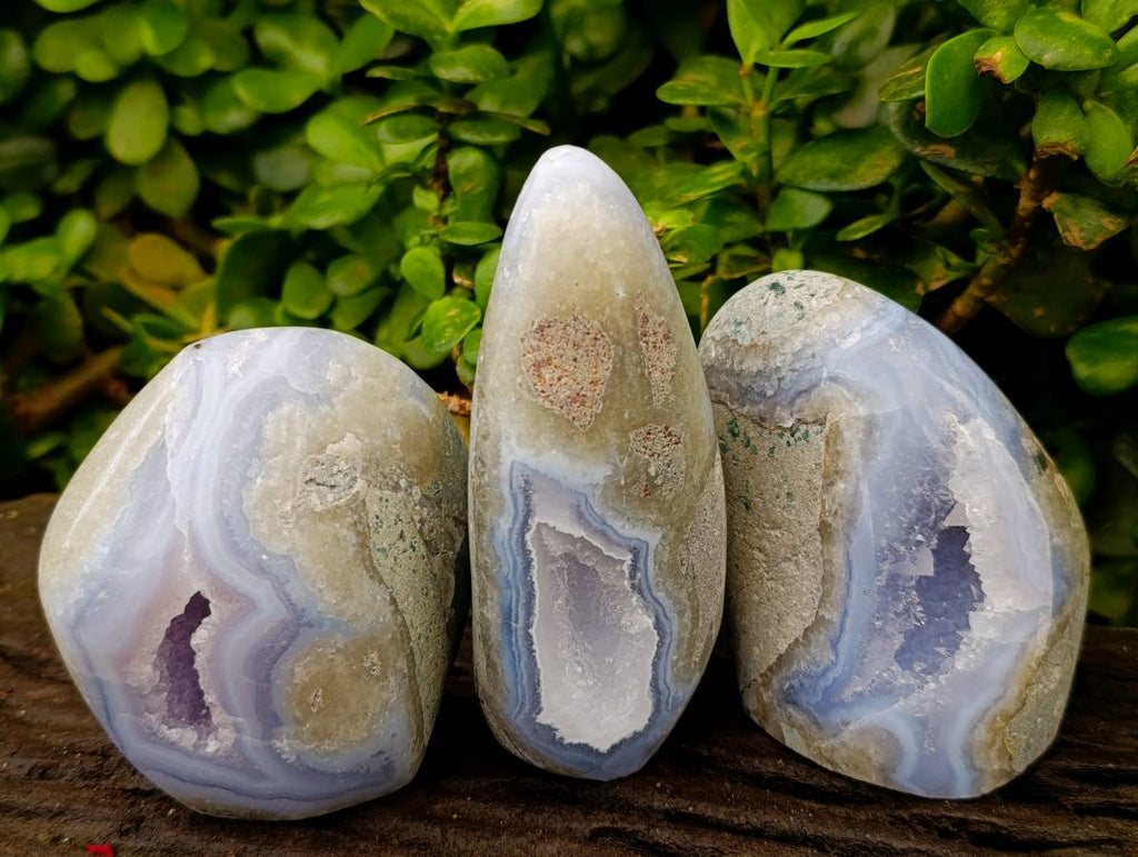 Polished Blue Lace Agate Standing Free Form x 3 From Nsanje, Malawi