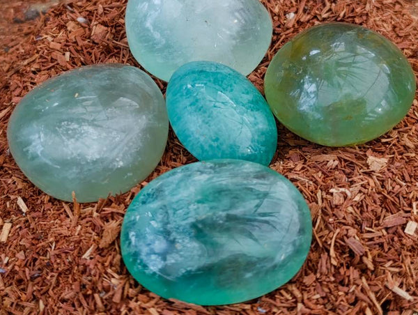 Polished Green Fluorite Palm Stones x 20 From Madagascar