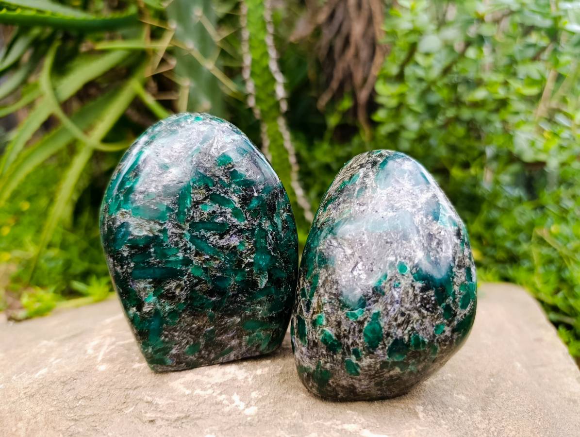 Polished Emerald Mica 'Mutokolite' Standing Free Forms x 3 From Mutoko, Zimbabwe