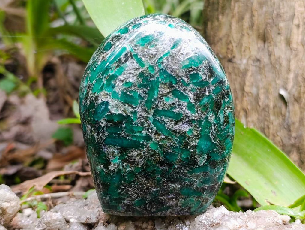 Polished Emerald Mica 'Mutokolite' Standing Free Forms x 3 From Mutoko, Zimbabwe