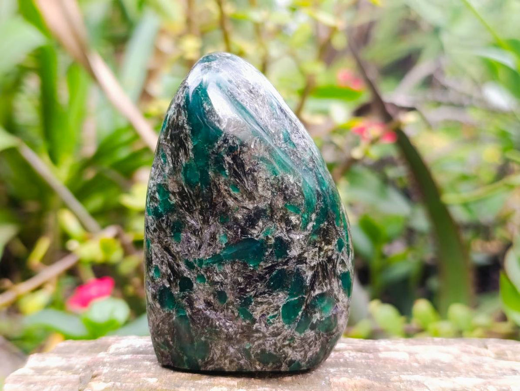 Polished Emerald Mica 'Mutokolite' Standing Free Forms x 3 From Mutoko, Zimbabwe