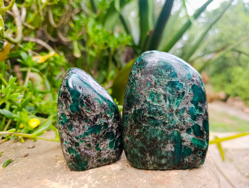 Polished Emerald Mica 'Mutokolite' Standing Free Forms x 3 From Mutoko, Zimbabwe