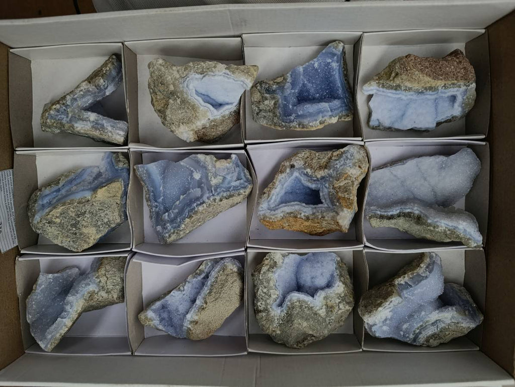 Natural Blue Lace Agate Geode Specimens x 12 From Nsanje, Malawi