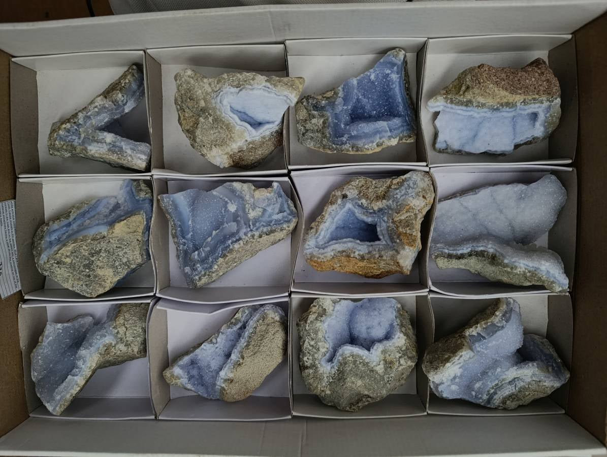 Natural Blue Lace Agate Geode Specimens x 12 From Nsanje, Malawi