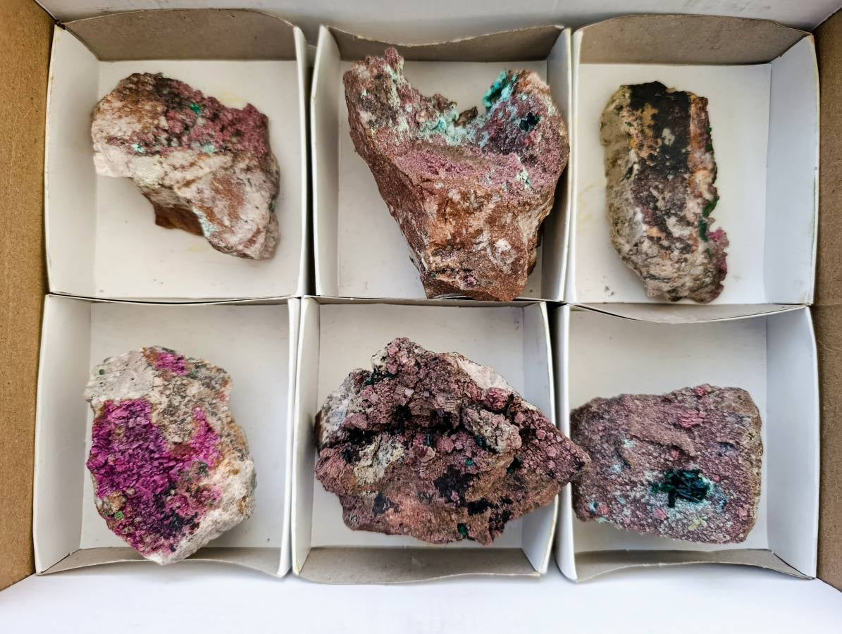 Natural Salrose Cobaltion Dolomite With Malachite Specimens x 6 From Kakanda, Congo