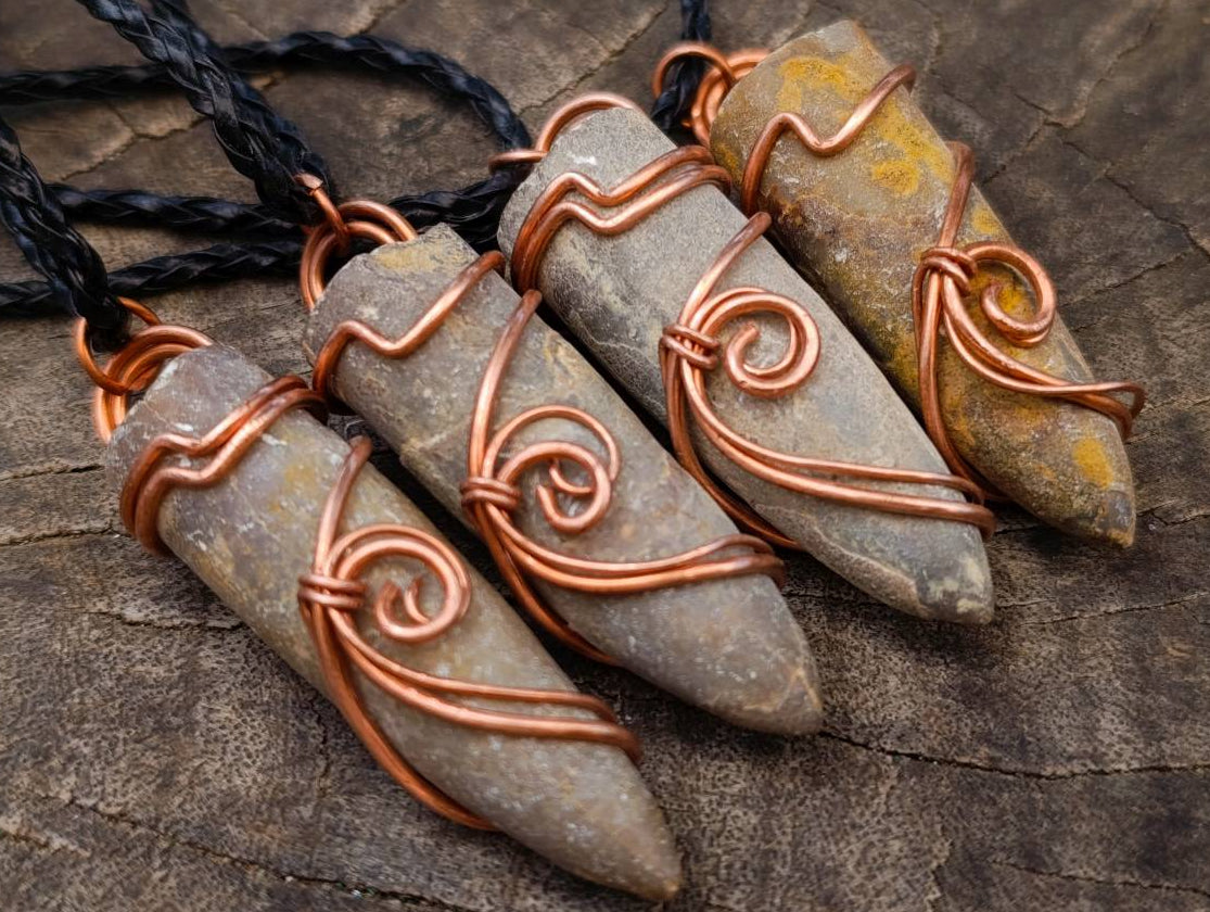 Natural Belemnite Fossil Bullet Copper Art Pendant With Plaited Cord - sold per piece - From Madagascar